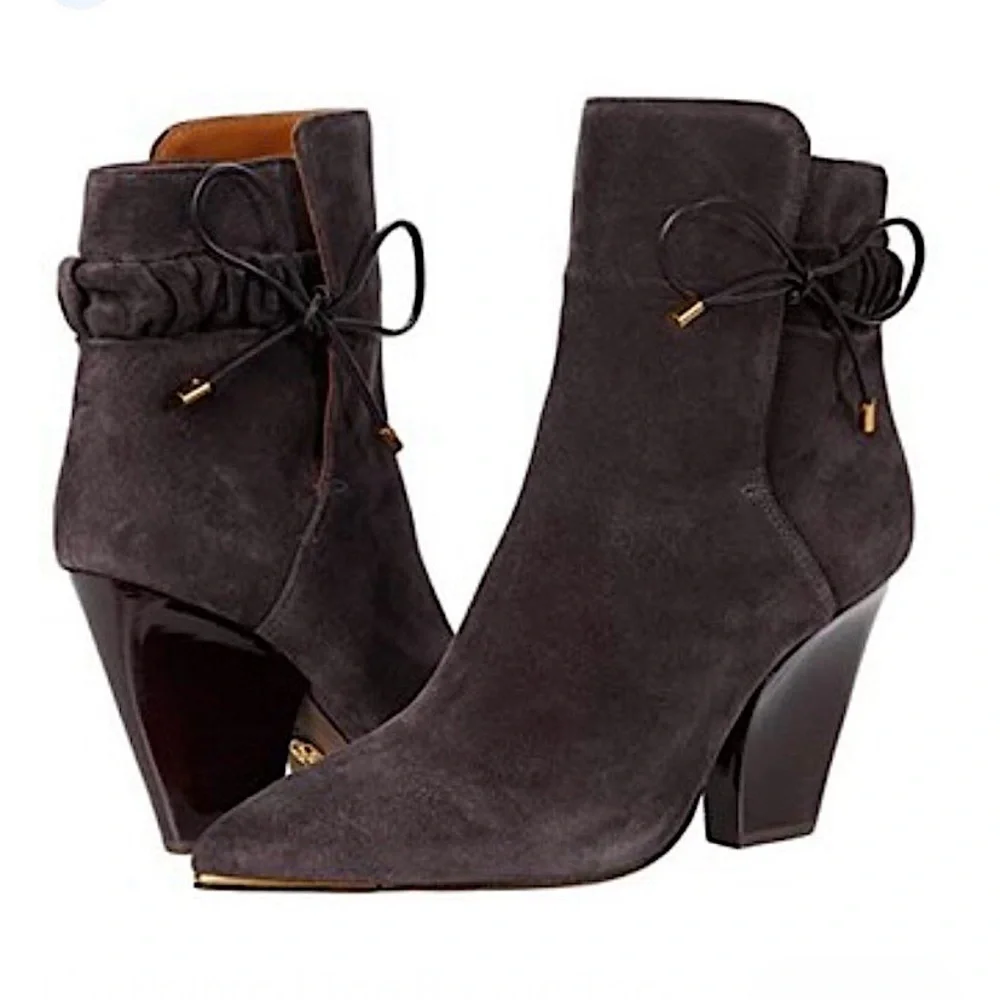 New Tory Burch Lila Brown Ankle Boots Size 8.5 Leather Suede 90s Scrunch